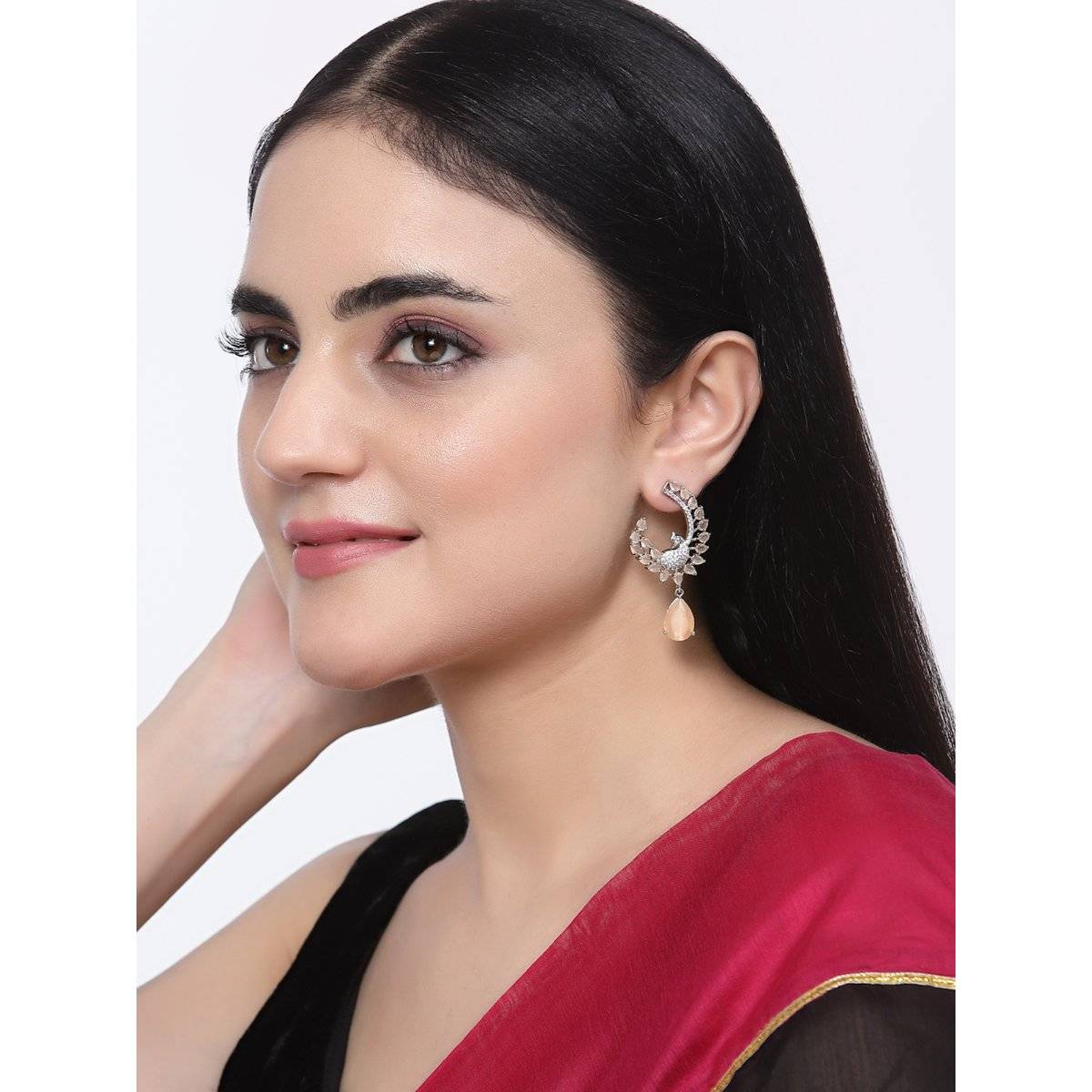 ZENEME Rhodium-Plated Silver Toned Orange American Diamond Dangle Earrings for Women