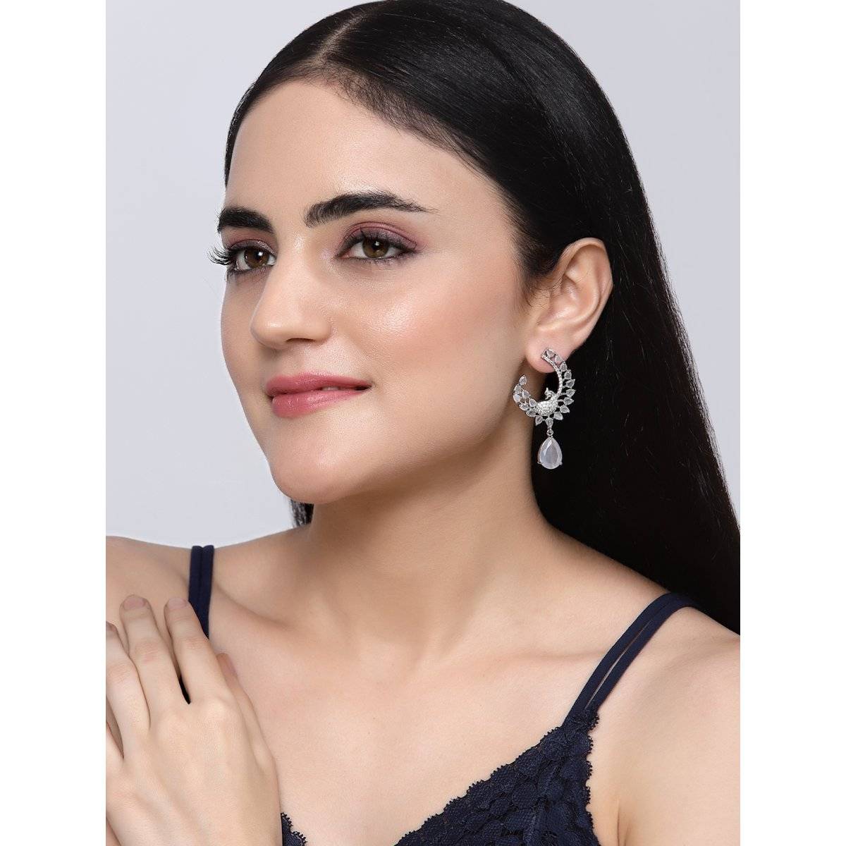 ZENEME Rhodium-Plated Silver Toned White American Diamond Dangle Earrings for Women