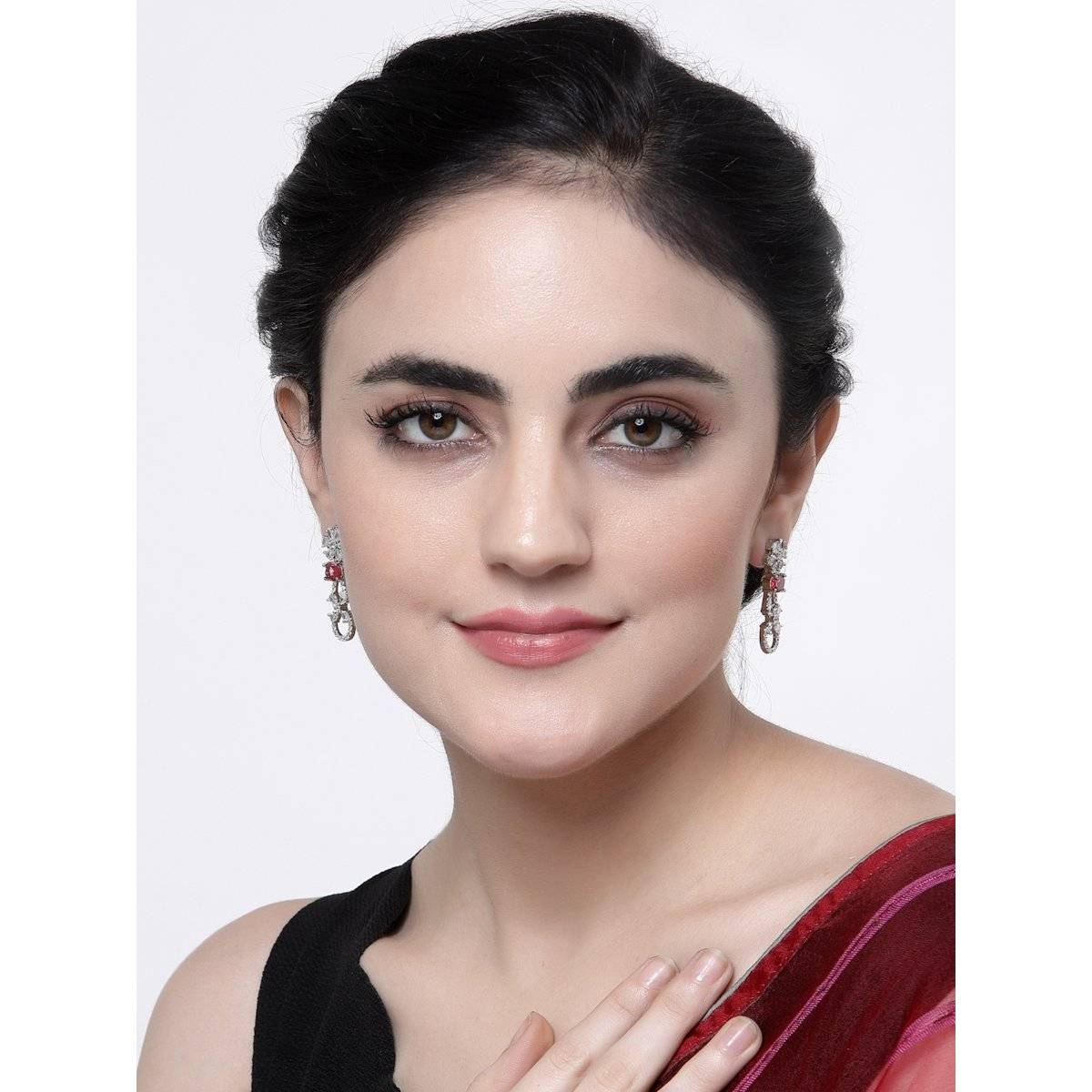 ZENEME Rhodium-Plated Red American Diamond Studded Handmade Floral Drop Earrings for Women