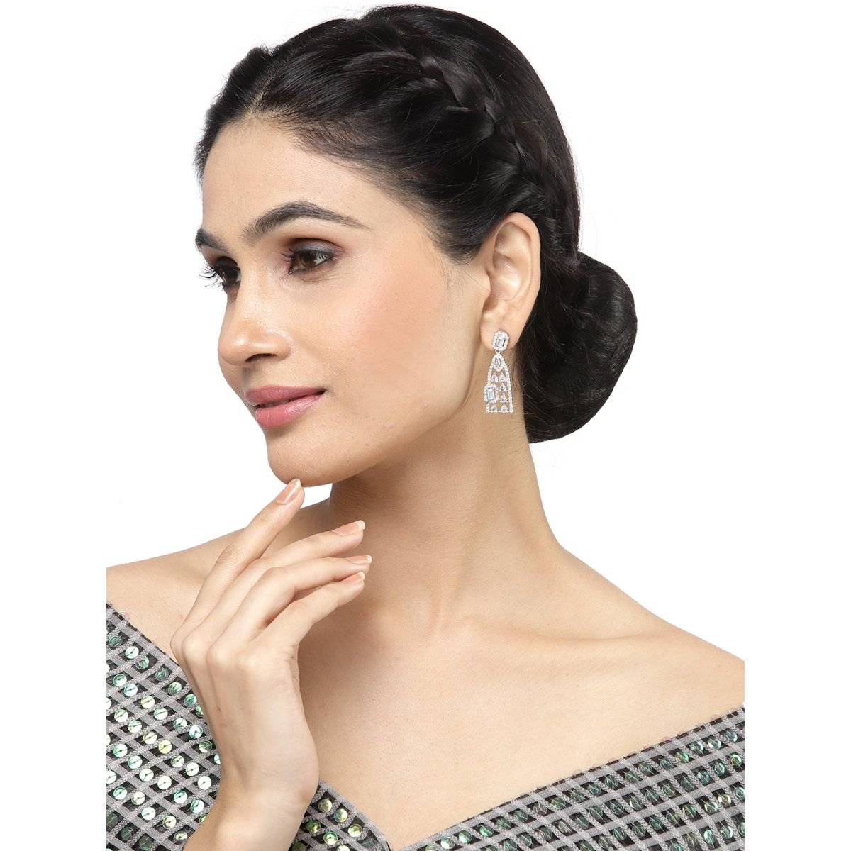 ZENEME Rhodium-Plated American Diamond Contemporary Crystal Drop Earrings for Women