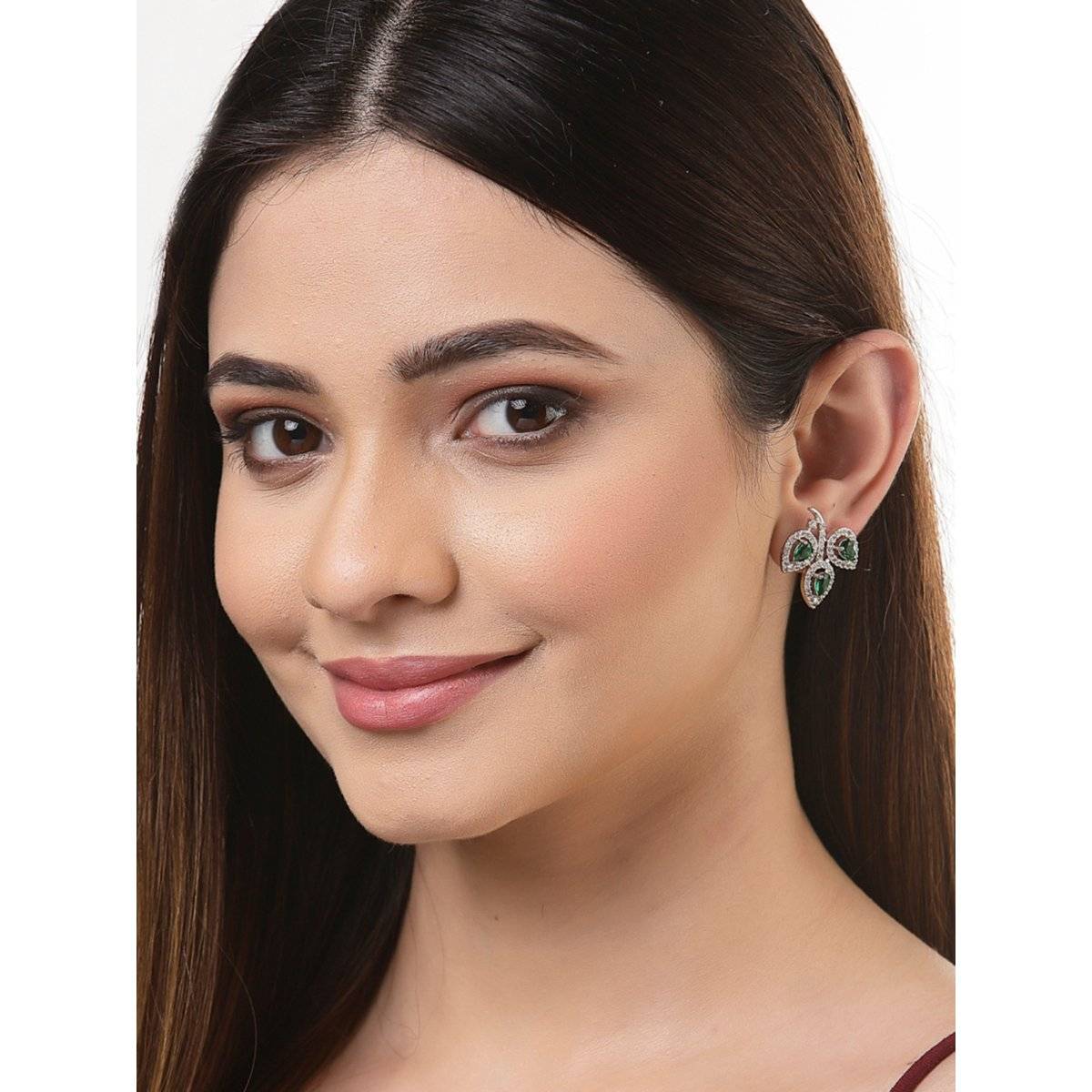 ZENEME Rhodium Plated Silver Green American Diamond Contemporary Leaf Studs for Women