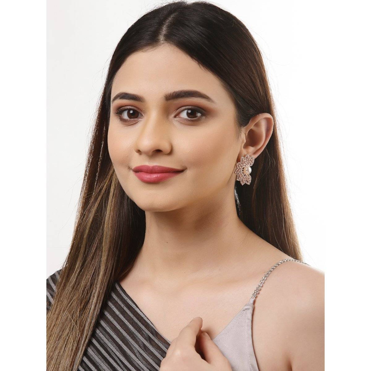 ZENEME Rose Gold Plated Crystal Ad Studded Crescent Drop Earrings for Women