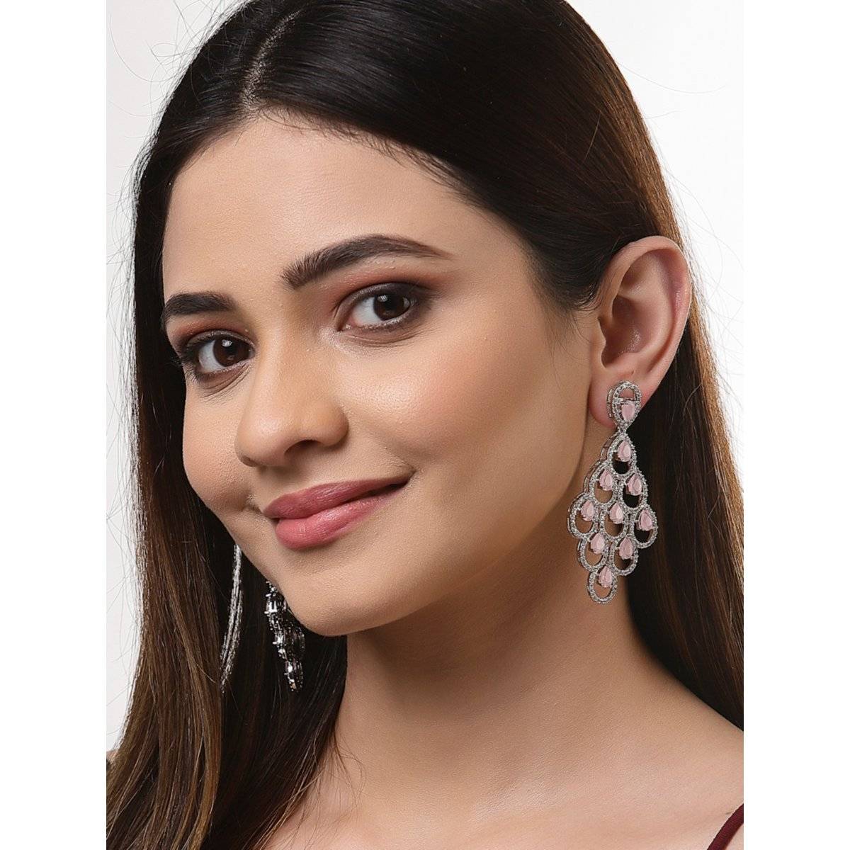 ZENEME Rhodium Plated Pink American Diamond Studded Contemporary Dangler Earrings for Women