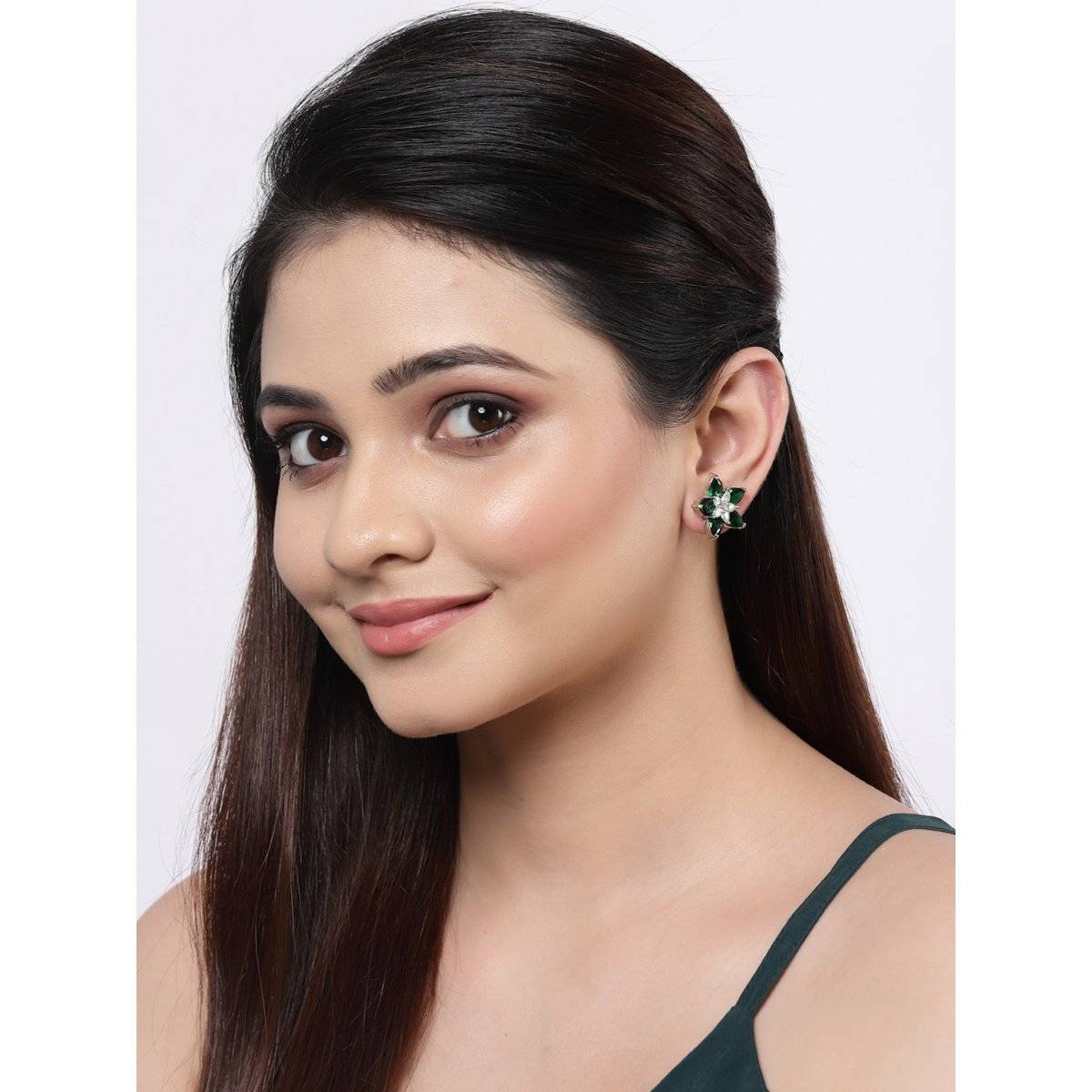 ZENEME Rhodium-Plated Silver Green Crystal Ad Studded Floral Shaped Stud Earrings for Women