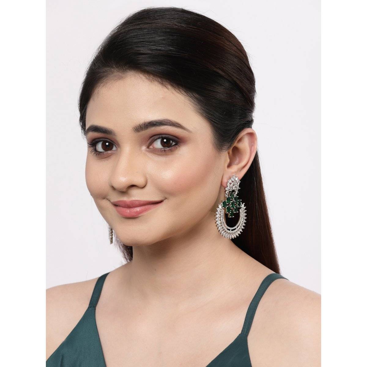 ZENEME Rhodium Plated Silver Brass & Green American Diamond Dangle Drop Earring for Women