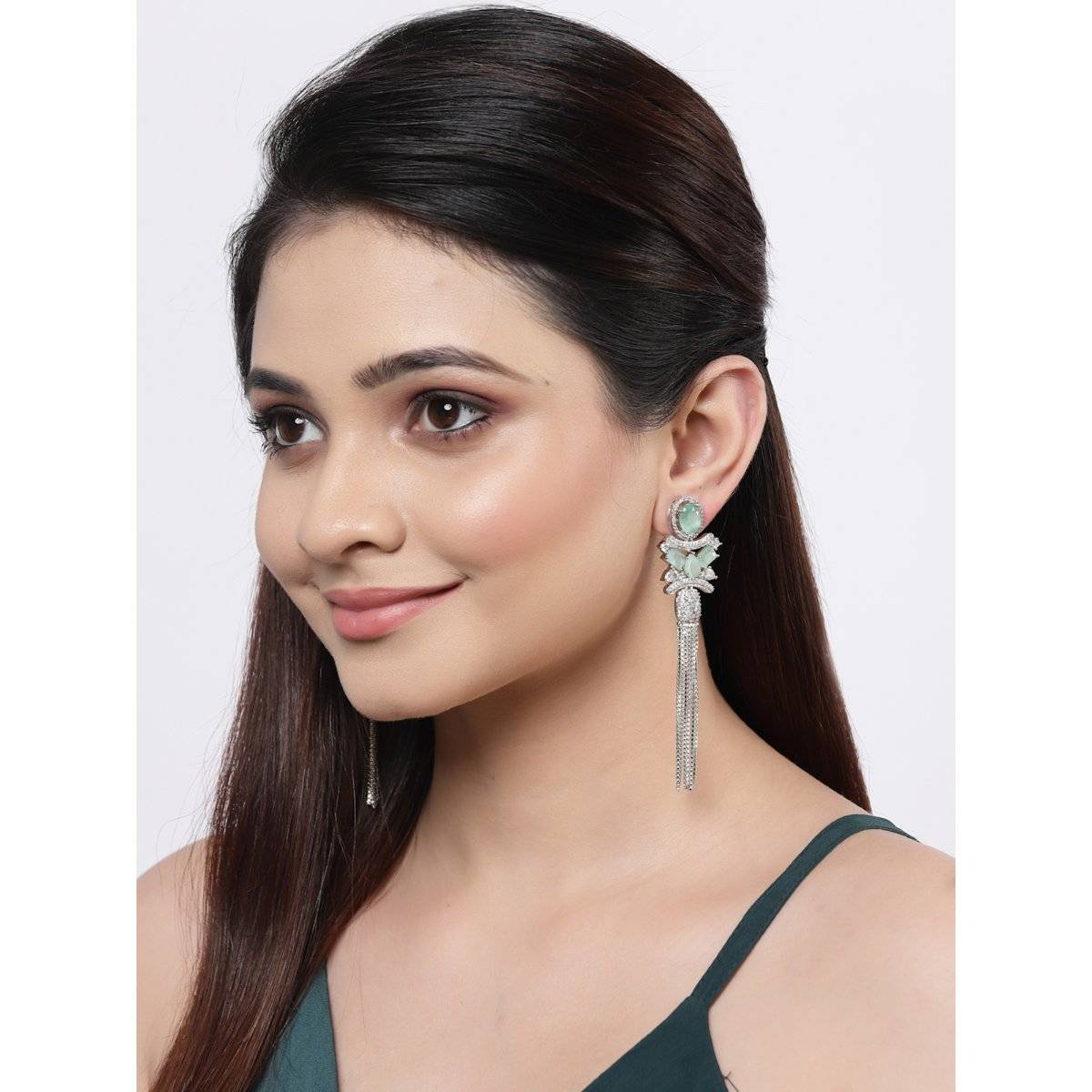 ZENEME Silver Plated Brass Contemporary American Diamond Shoulder Duster Earrings for Women
