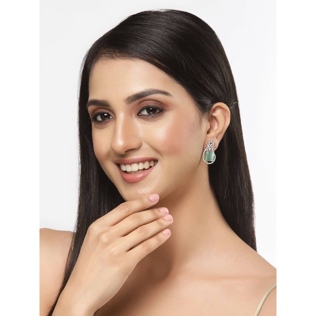 ZENEME Rhodium-Plated Silver Green American Diamond Studded Paisley Drop Earrings for Women
