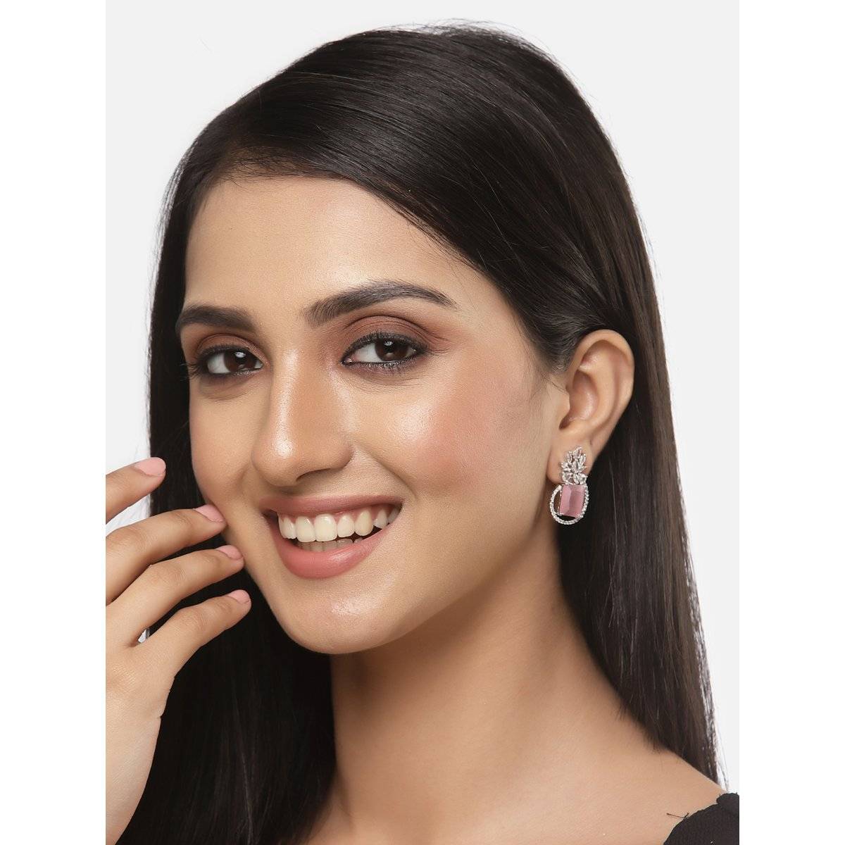 ZENEME Rhodium-Plated Silver Pink American Diamond Studded Paisley Drop Earrings for Women