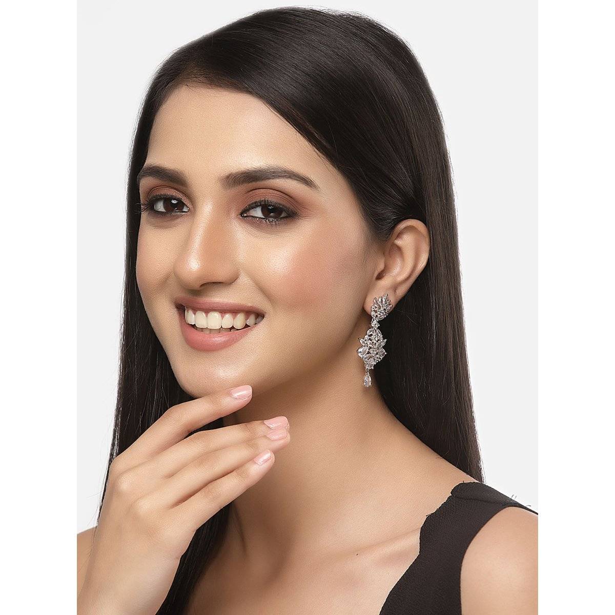 ZENEME Rhodium-Plated White American Diamond Studded Spiked Shaped Drop Earrings for Women