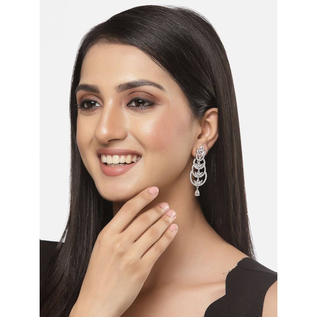 ZENEME Rhodium-Plated American Diamond Crystal Studded Floral Dangler Earrings for Women