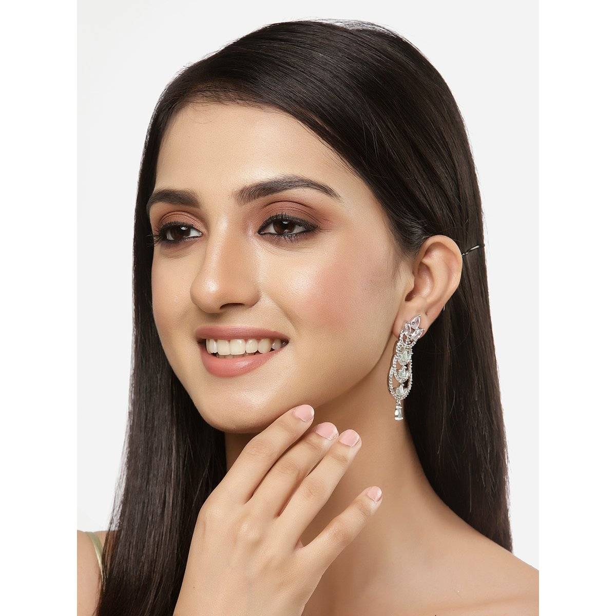 ZENEME Rhodium-Plated American Diamond Crystal Studded Floral Dangler Earrings for Women