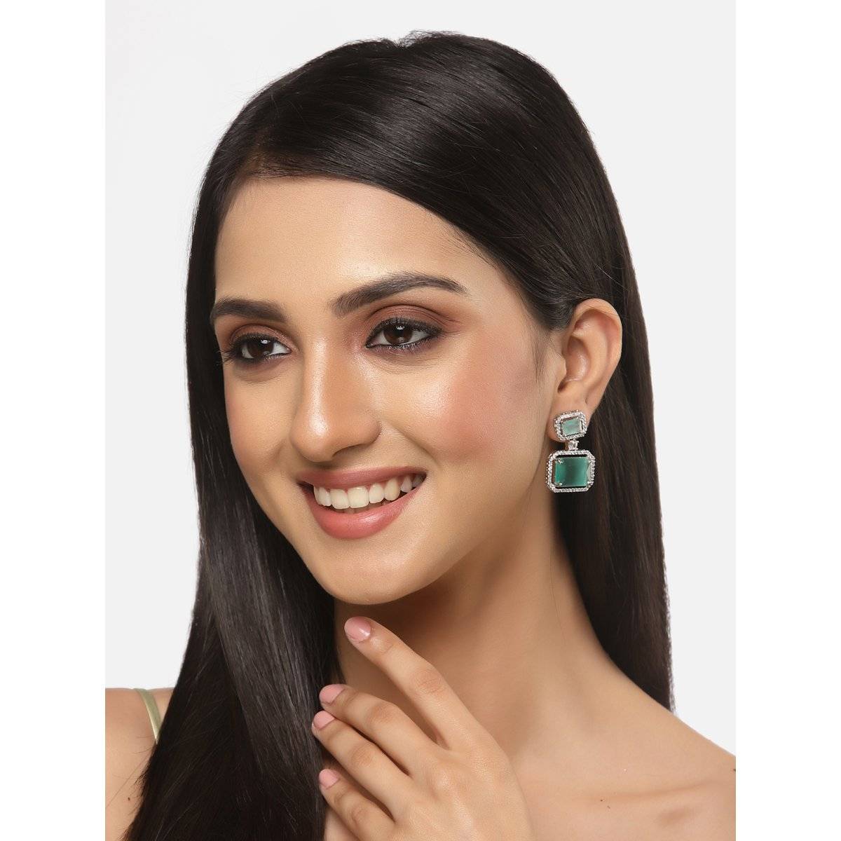 ZENEME Rhodium-Plated Green American Diamond Studded Square Shaped Drop Earrings for Women