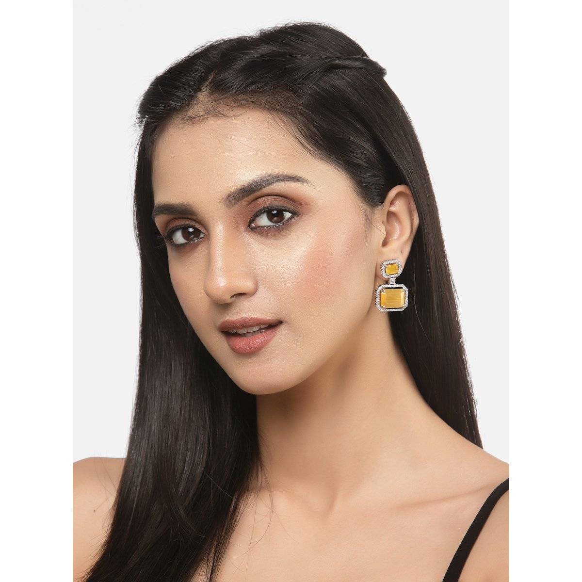 ZENEME Rhodium-Plated Yellow American Diamond Studded Square Shaped Drop Earrings for Women