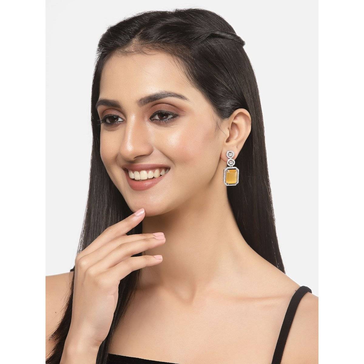 ZENEME Rhodium-Plated American Diamond Studded Geometric Shaped Drop Earrings