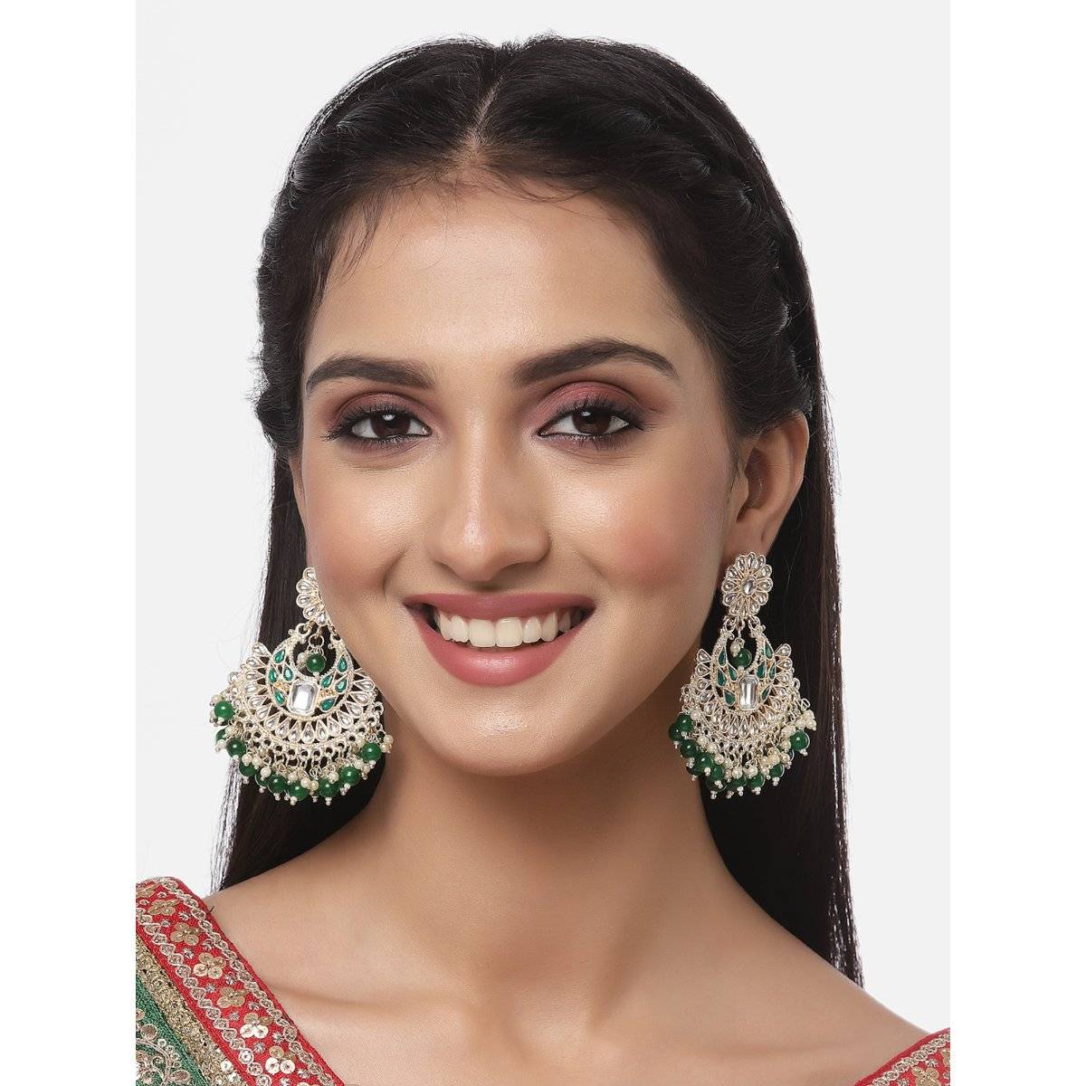 ZENEME Gold-Plated Kundan Green Pearl Contemporary Dangler Earrings for Women