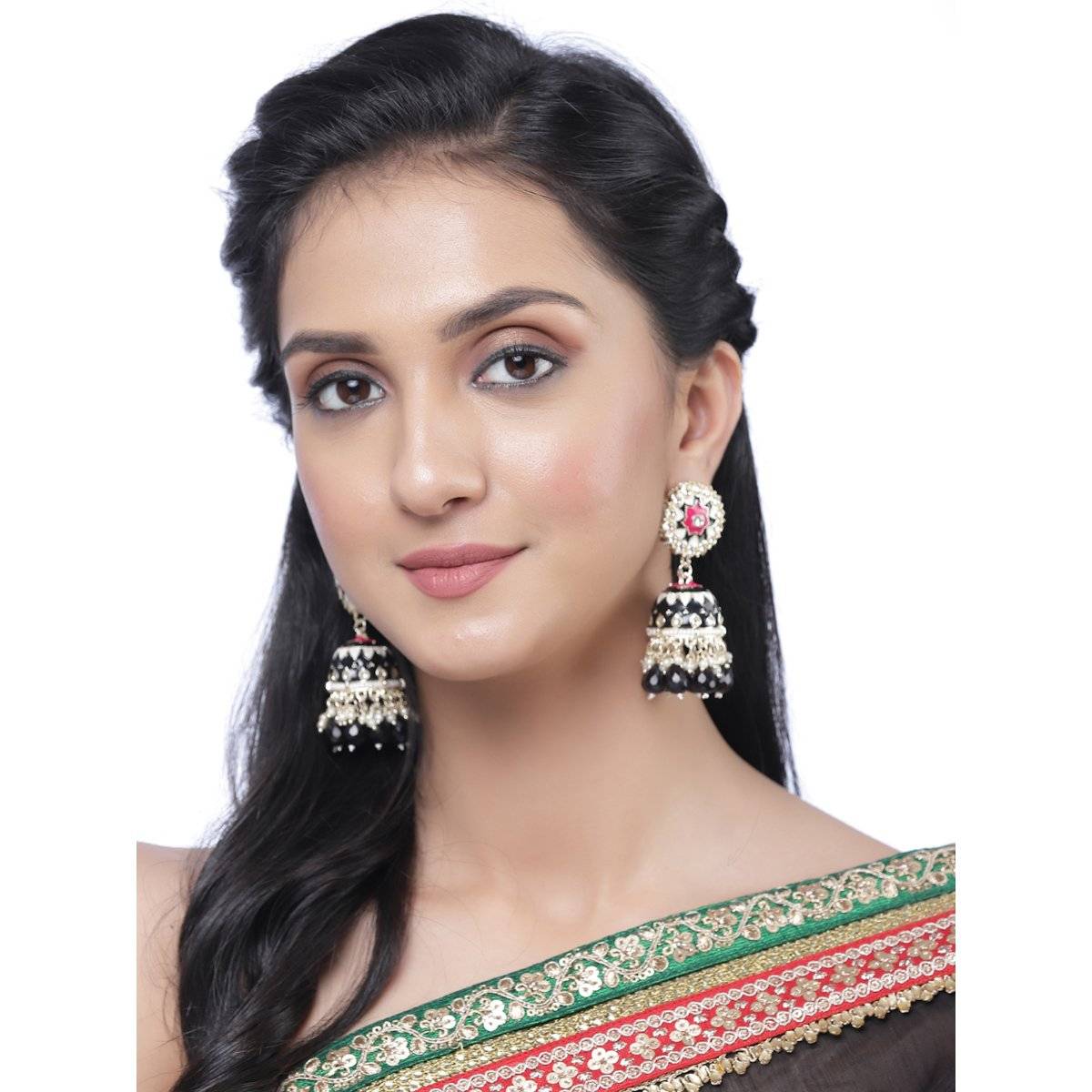 ZENEME Gold-Plated Black Enamelled & Black Pearls Floral Drop Earrings for Women