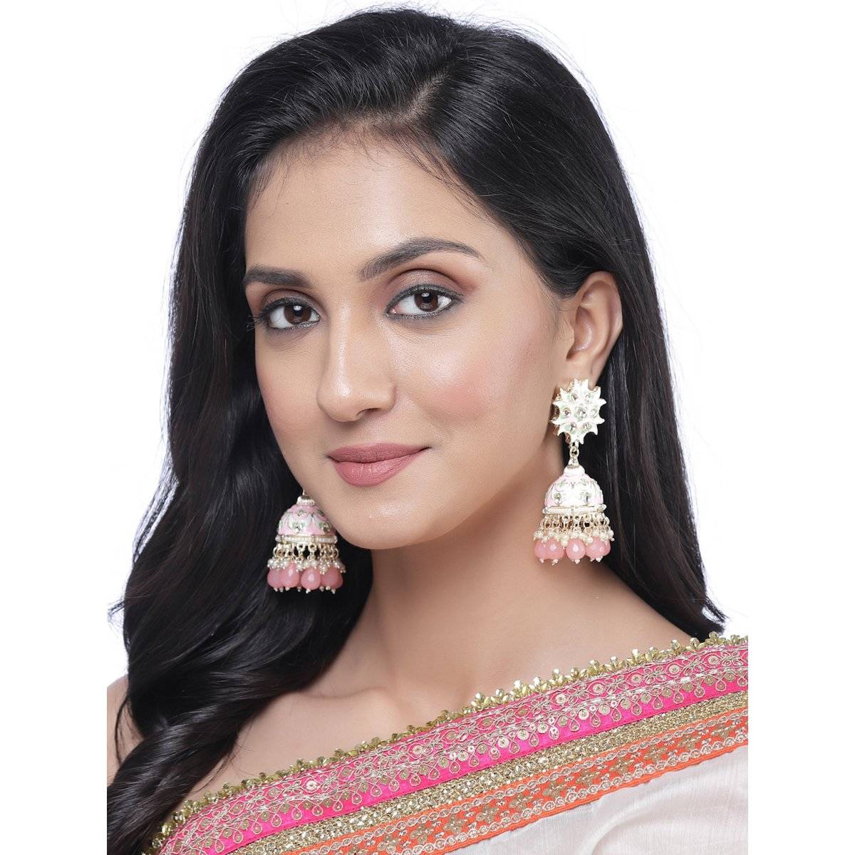 ZENEME Gold-Plated Pink Enamelled & Pink Pearls Floral Drop Earrings for Women