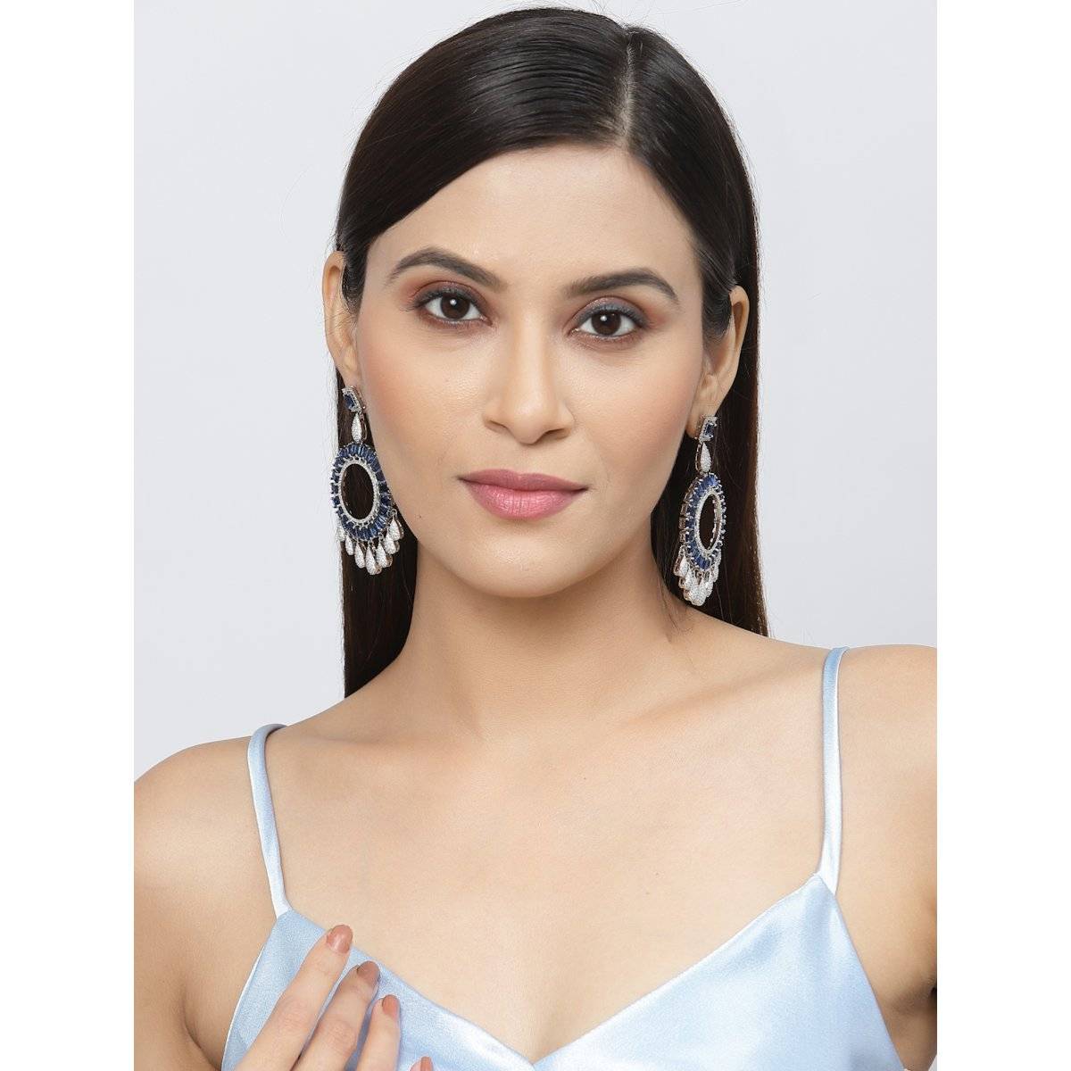 ZENEME Rhodium Plated Silver Toned Royal Blue American Diamond Dangle Earrings for Women