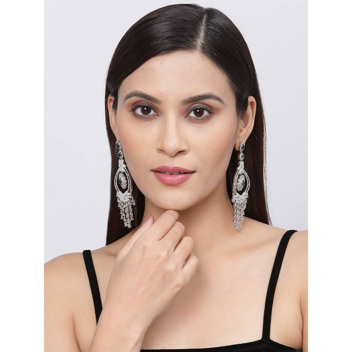 ZENEME Rhodium-Plated Silver Toned Green American Diamond Chandelier Earrings for Women