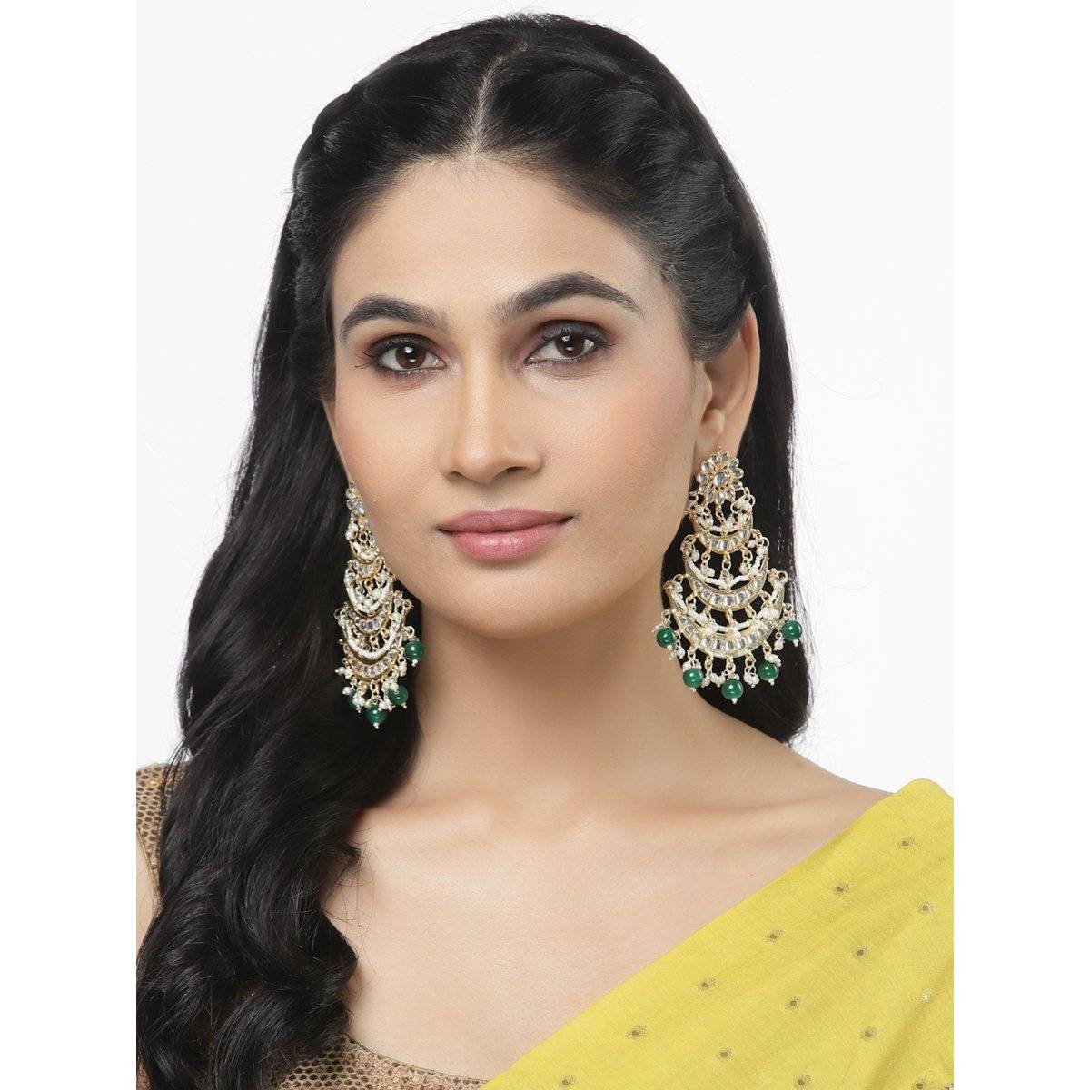 ZENEME Gold Plated Green Kundan with Beaded Pearl Chandbalis Earrings for Women