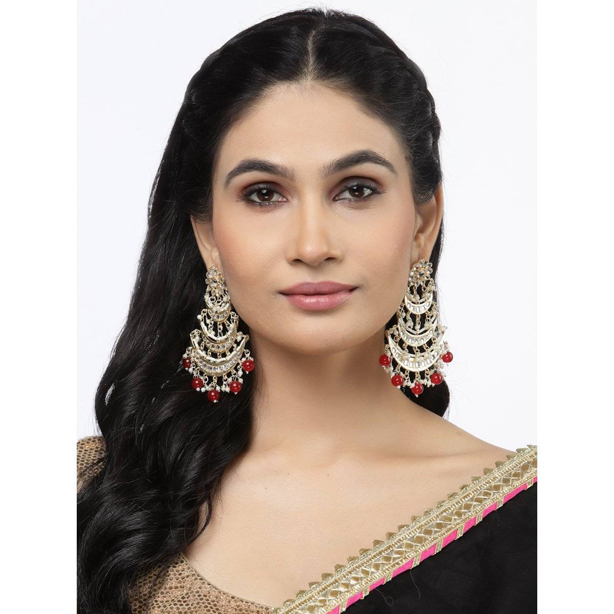 ZENEME Gold Plated Red Kundan with Beaded Pearl Chandbalis Earrings for Women