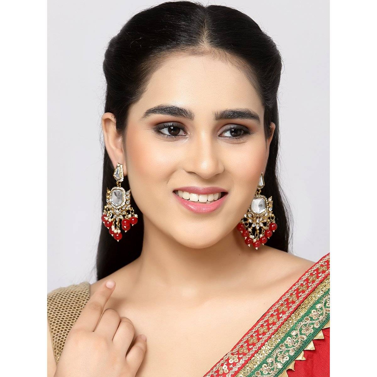 ZENEME Gold-Plated Mirror Studded Kundan Classic Drop Red Pearl Earrings for Women & Girls