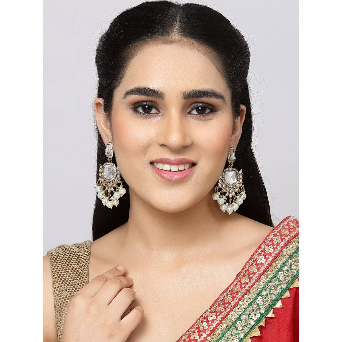 ZENEME Gold-Plated Mirror Studded Kundan Classic Drop White Pearl Earrings for Women & Girls