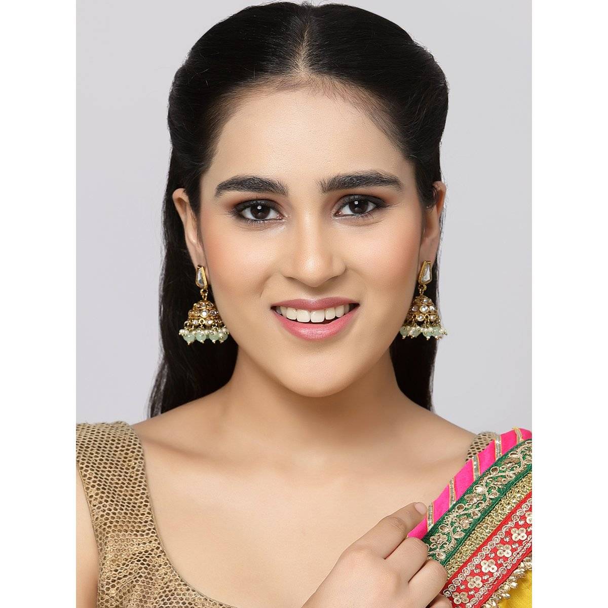 ZENEME Gold Plated Lime Green Dome Shaped Jhumkis Earrings for Women & Girls
