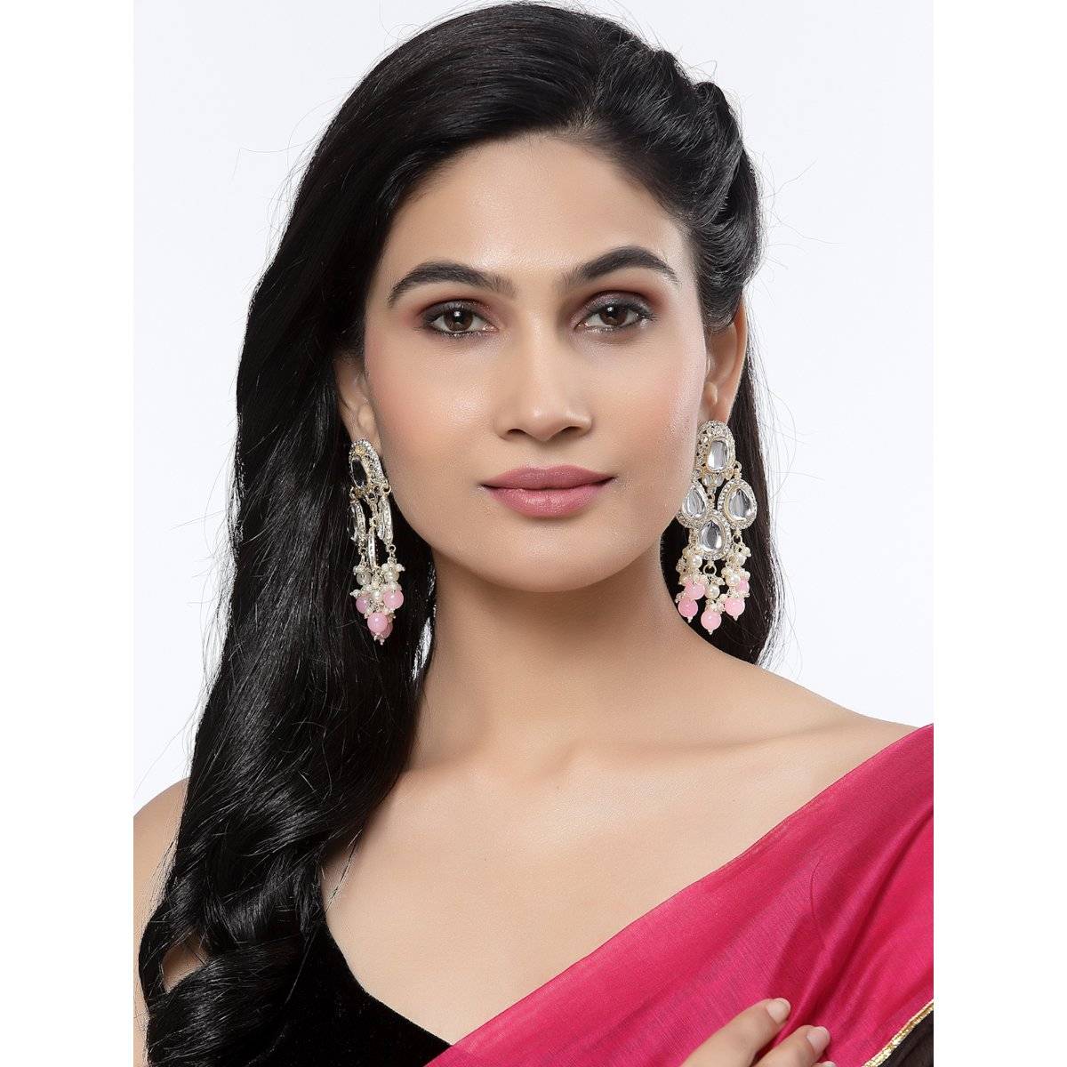 ZENEME Gold-Plated Kundan & Pink Pearls Studded Round Mirror Drop Earrings for Women