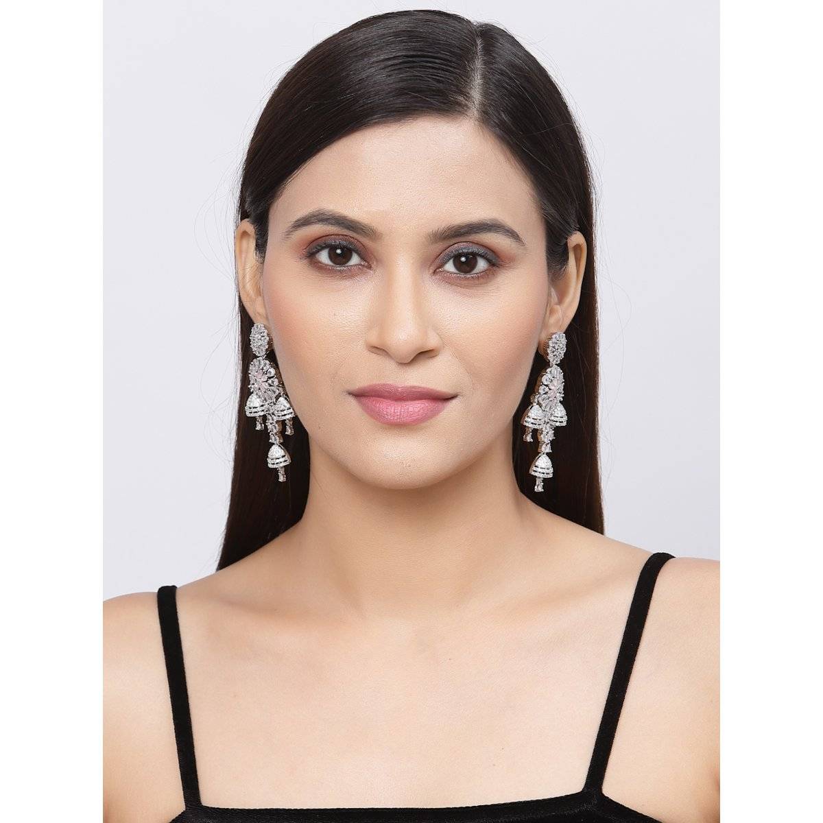 ZENEME Rhodium-Plated Silver Toned Pink American Diamond Chandelier Earrings for Women