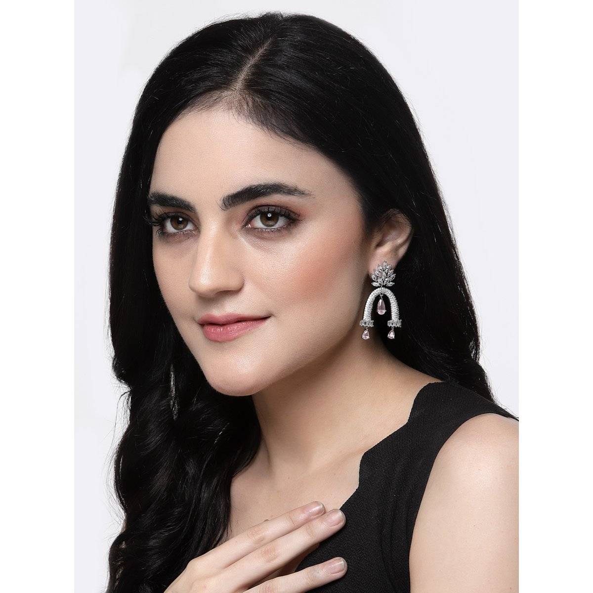 ZENEME Rhodium-Plated American Diamond Crystal Quirky Cluster Dangler Earrings for Women