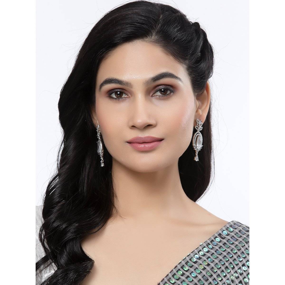 ZENEME Rhodium-Plated Grey American Diamond Studded Teardrop Shaped Drop Earrings for Women