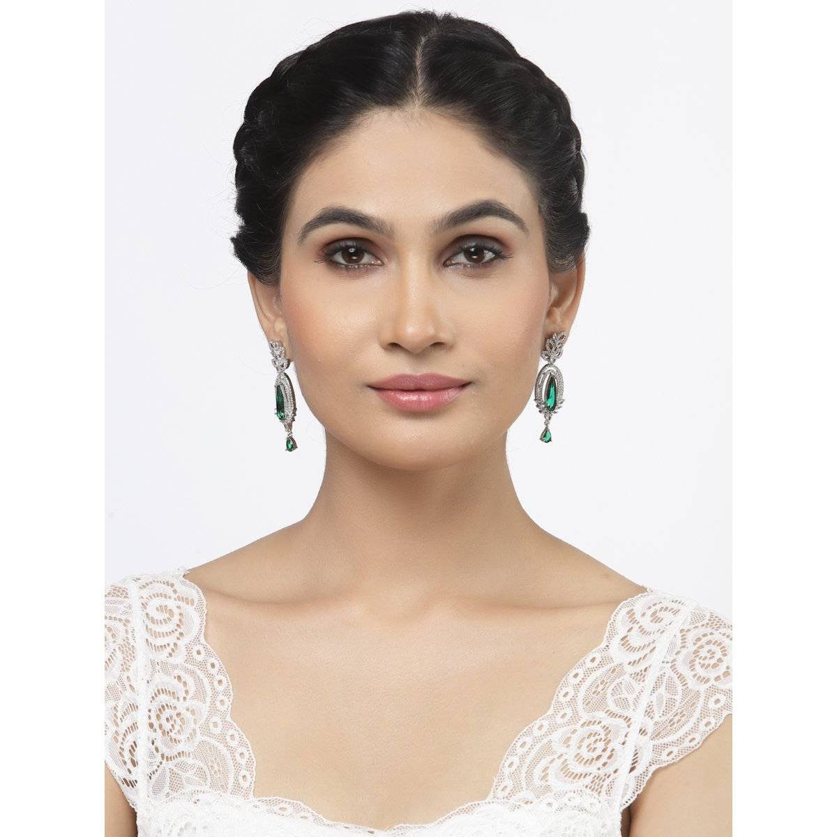 ZENEME Rhodium-Plated Green American Diamond Studded Teardrop Shaped Drop Earrings for Women