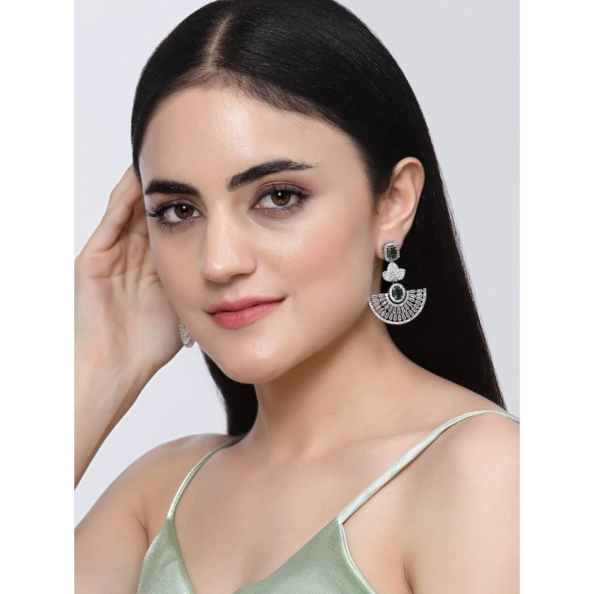 ZENEME Rhodium-Plated Green American Diamond Studded Leaf Shaped Drop Earrings for Women