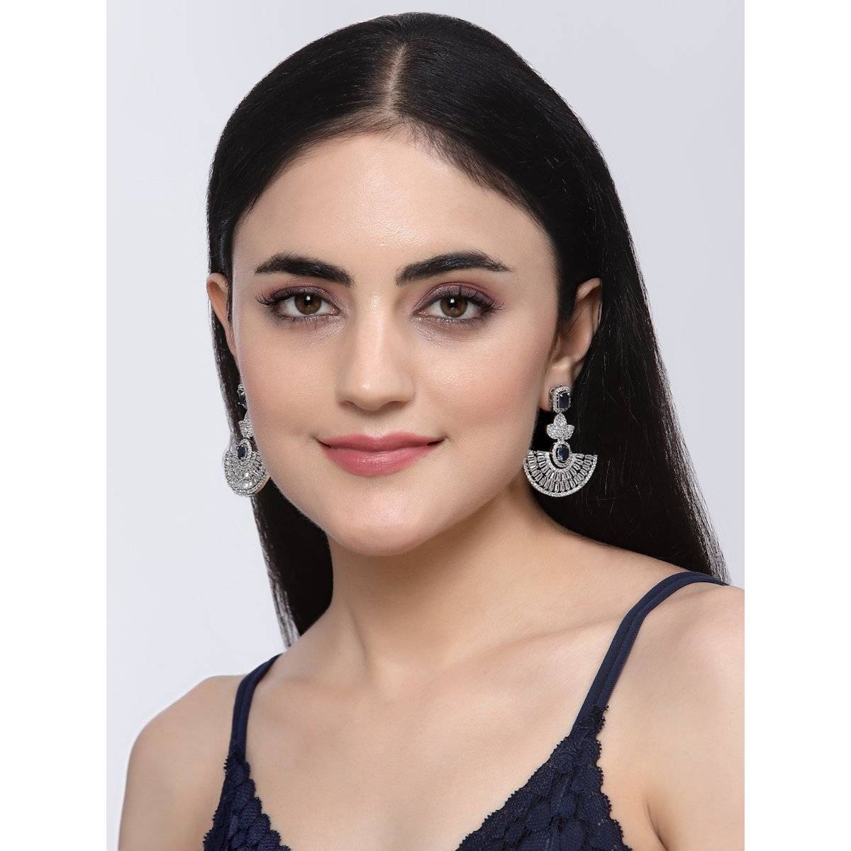 ZENEME Rhodium-Plated Blue American Diamond Studded Leaf Shaped Drop Earrings for Women