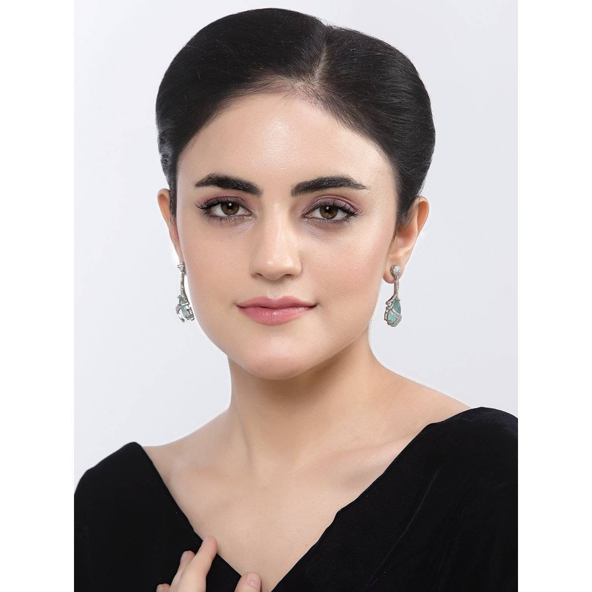 ZENEME Rhodium-Plated Silver American Diamond Teardrop Crytal Drop Earrings for Women