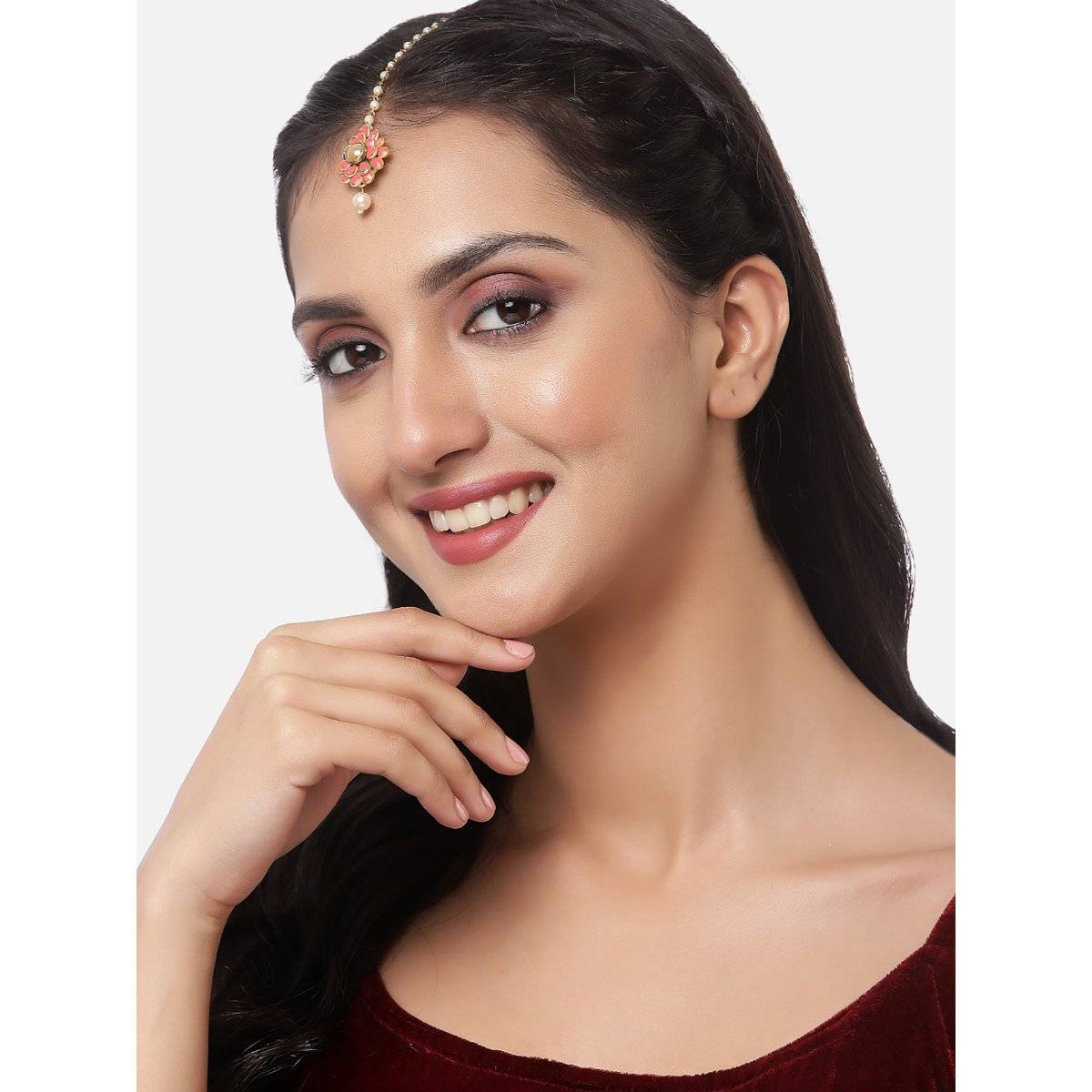 ZENEME Gold Plated Floral Style Attractive Maang-Tikka with Pearls for Girls & Women