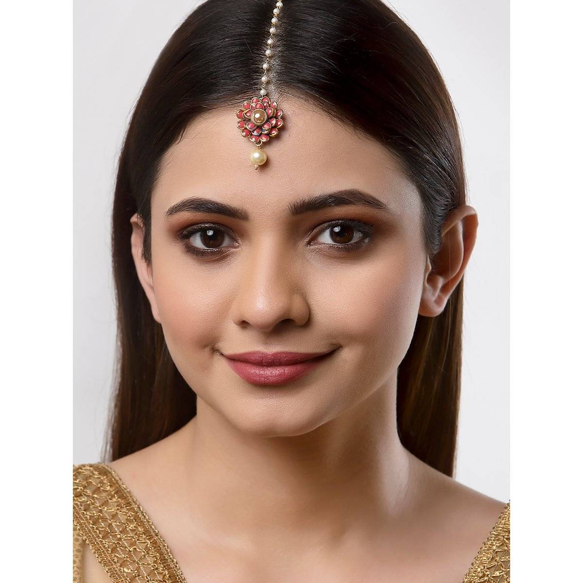 ZENEME Gold Plated Floral Style Attractive Maang-Tikka with Pearls for Girls & Women