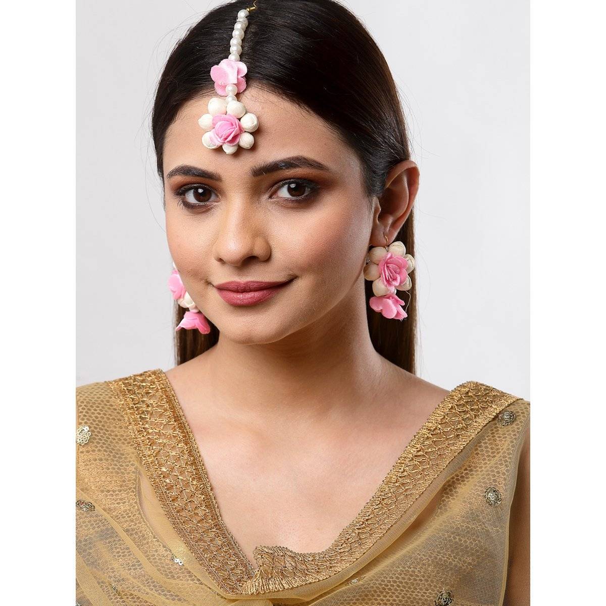 ZENEME Pink Rose White Beads Gota Patti Maang Tikka with Earring
