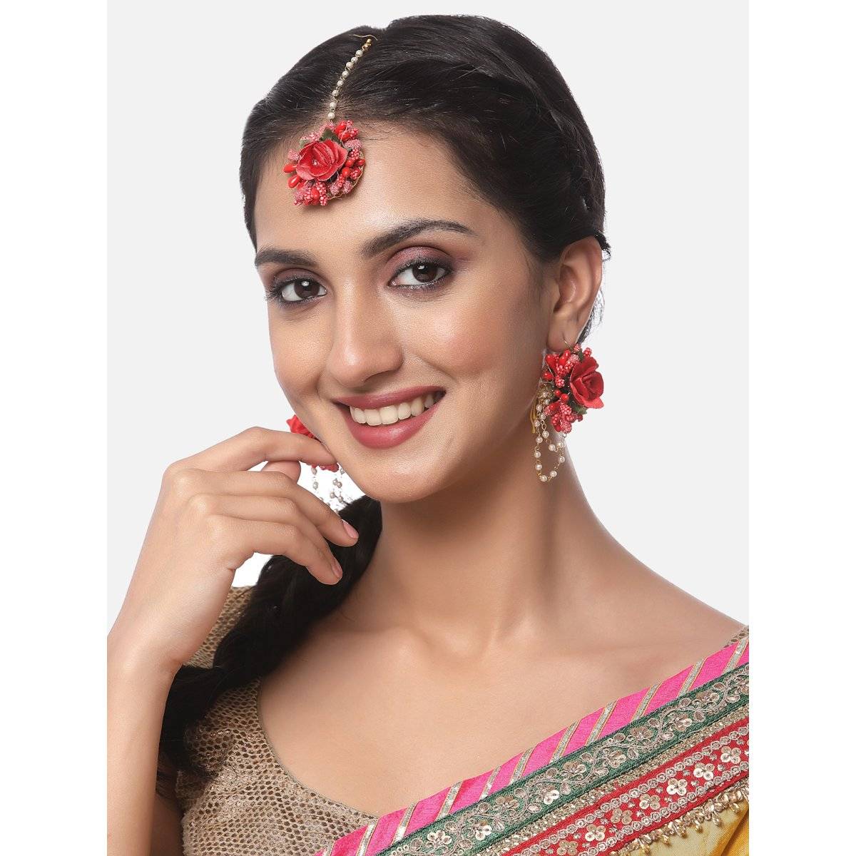 ZENEME Gold-Plated Gota Patti Flower Jewellery Set