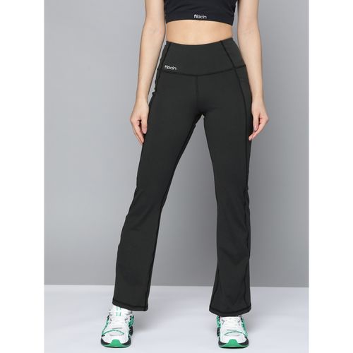 Fitkin Women Solid Black Bootcut Trackpant (L)