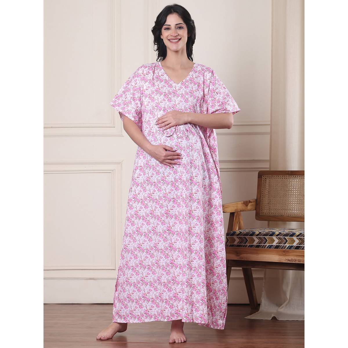 Secret Wish Pink Floral Pure Cotton Maternity Kaftan