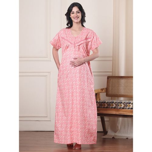 Secret Wish Peach Floral Pure Cotton Maternity Nightdress (M)