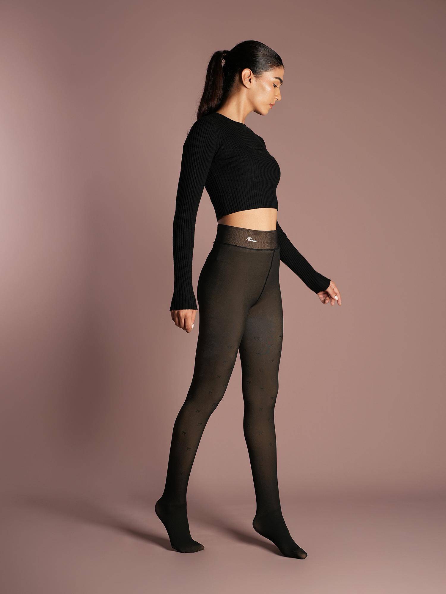 Theater Women Sheer Fur Ribbon Black Pattern Stockings