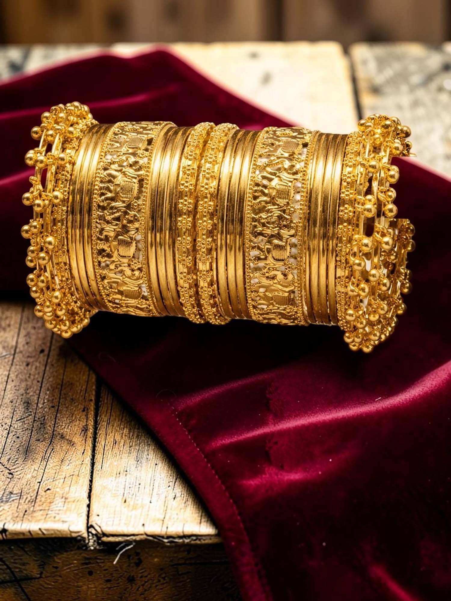 OOMPH Combo of 22 Antique Gold Kashmiri Bangle Set - With Ghungroo - Size 2.6
