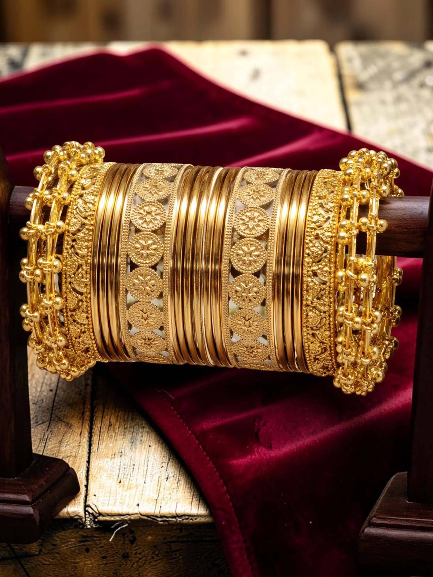 OOMPH Combo of 17 Antique Gold Kashmiri Bangle Set - With Ghungroo - Size 2.6