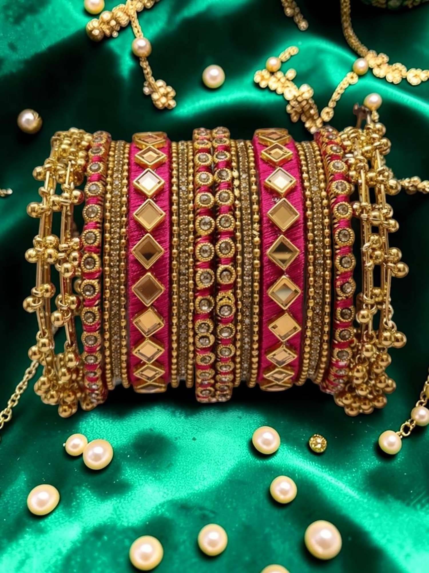 OOMPH Combo of 22 Rani Pink Kashmiri Bangle Set | Silk Thread with Ghungroo - Size 2.6