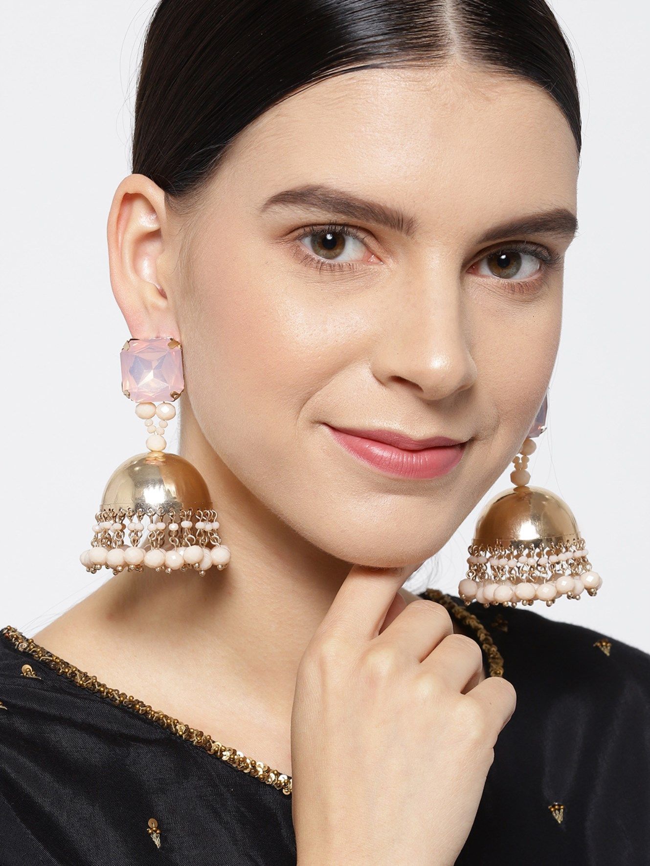 C-hoop ring jhumkas - Baby Pink