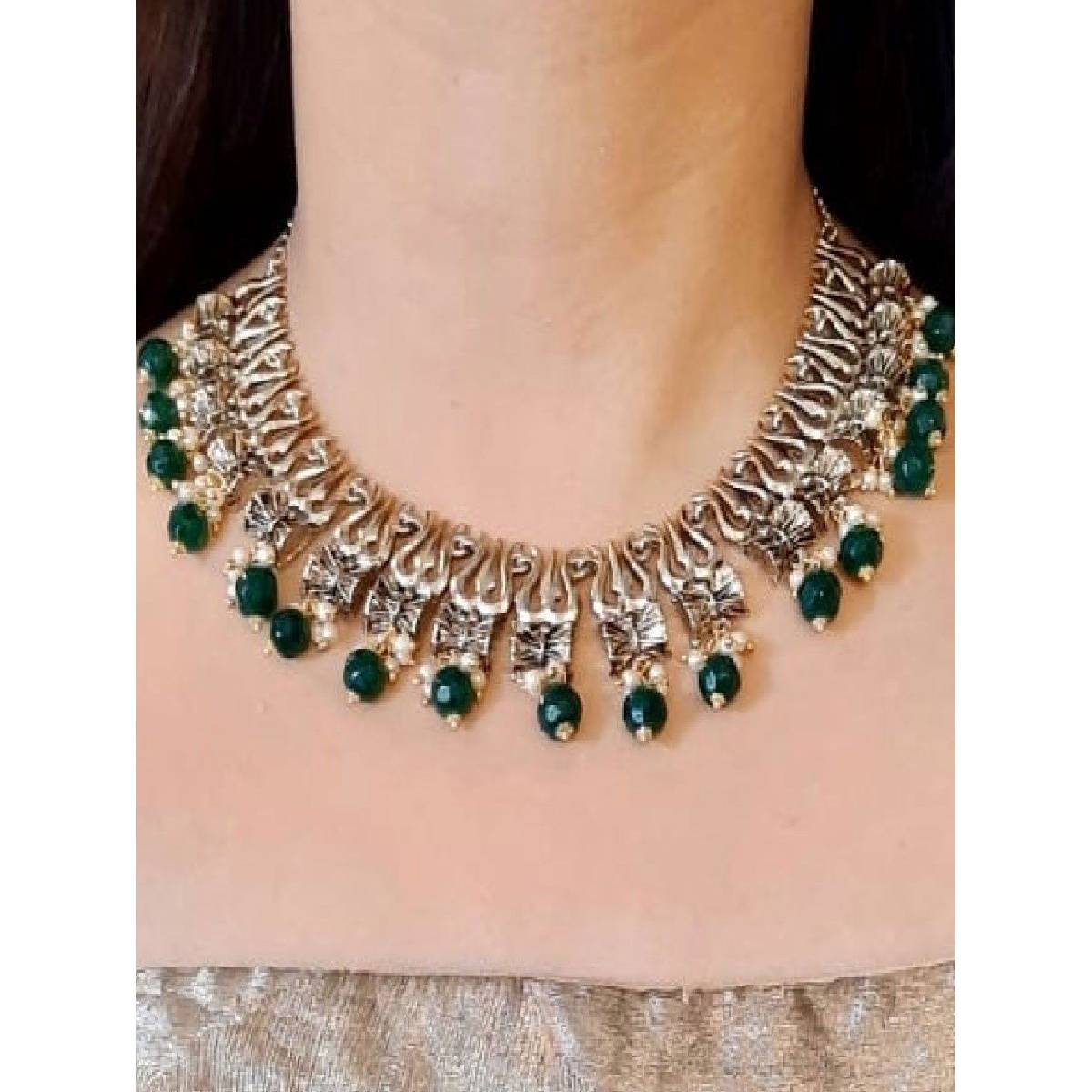 Estele Gold Plated Antique Heavenly Thrishul & Damru Chocker Necklace Set for Women