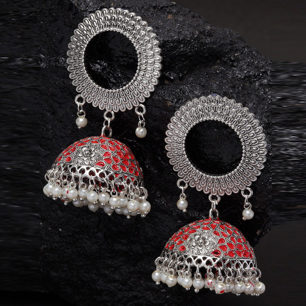 Buy PANASH Silver-plated & Red Meenakari Dome Shaped Jhumkas Online